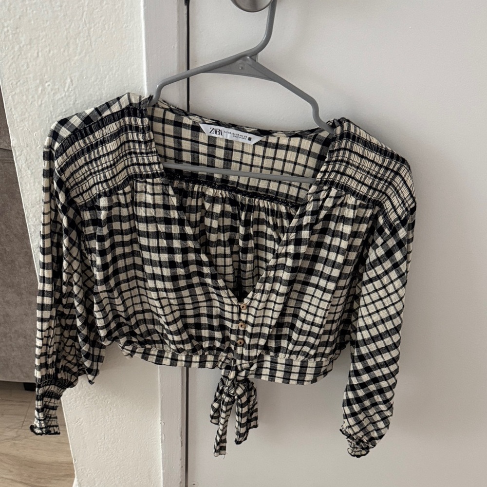 Zara Plaid Black and Cream Blouse
